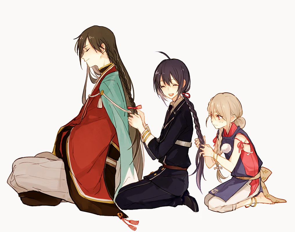 10s, 3boys, ^_^, ahoge, alternate_hairstyle, black_hair, braid, braiding_hair