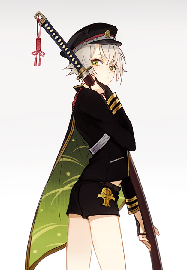 10s, 1boy, cape, cowboy_shot, green_eyes, hat, hotarumaru, looking_back, male_focus, ootachi, personification, shorts, silver_hair, solo, sword, touken_ranbu, weapon, wonkrin