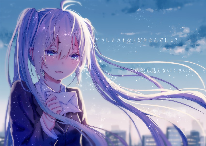 1girl, ahoge, blue_eyes, blue_hair, crying, crying_with_eyes_open, envelope, female_focus