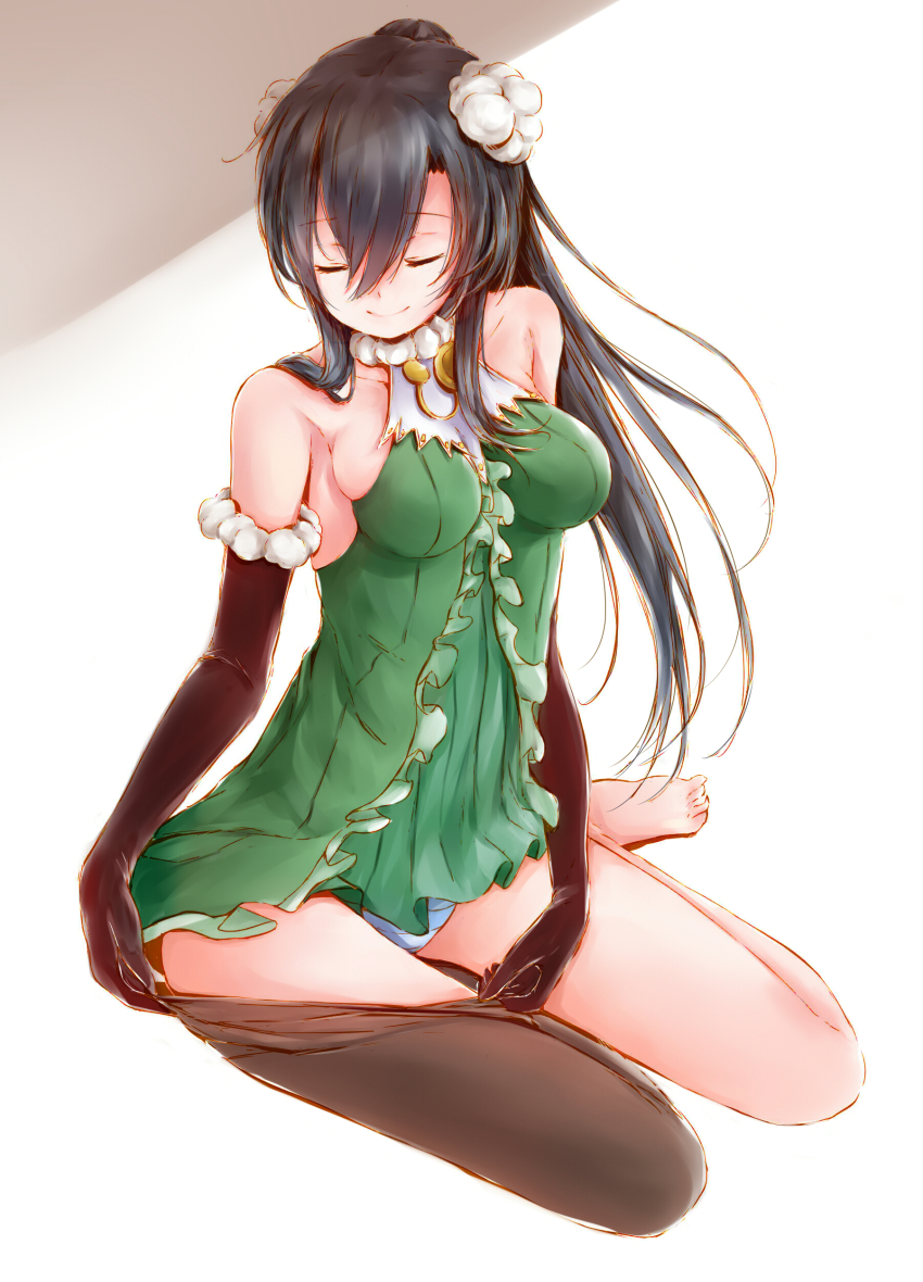 1girl, absurdres, bad_id, bad_pixiv_id, bare_shoulders, barefoot, black_hair, breasts