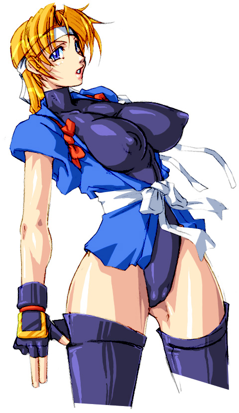 1girl, blonde_hair, blue_eyes, blue_gloves, blue_thighhighs, breasts, covered_erect_nipples, cowboy_shot, cropped_legs, female_focus, fingerless_gloves, from_side, gloves, headband, highleg, highleg_leotard, impossible_clothes, impossible_leotard, japanese_clothes, large_breasts, legs_apart, leotard, looking_at_viewer, martial_champion, open_clothes, parted_lips, qkat_(arikawa-dou), racheal, sash, simple_background, skin_tight, solo, thighhighs, thighs, turtleneck, white_background