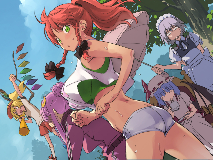 5girls, apron, ass, blonde_hair, blue_hair, blush, braid, breast_envy