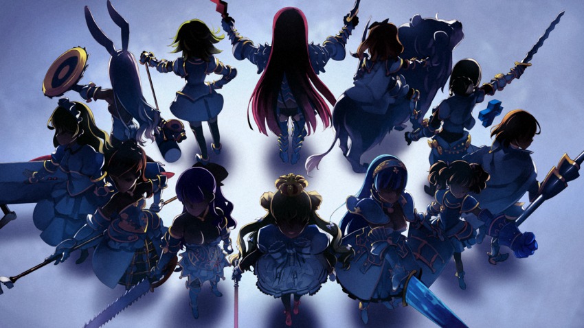 6+girls, animal, animal_ears, armor, blonde_hair, blue_hair, boots, rabbit_ears