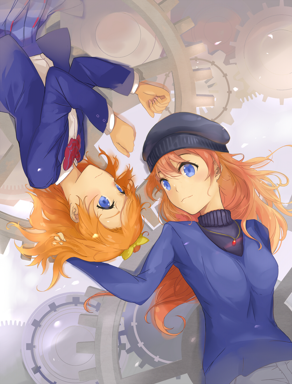 10s, 2girls, bad_id, bad_pixiv_id, blue_eyes, dual_persona, gears, hat