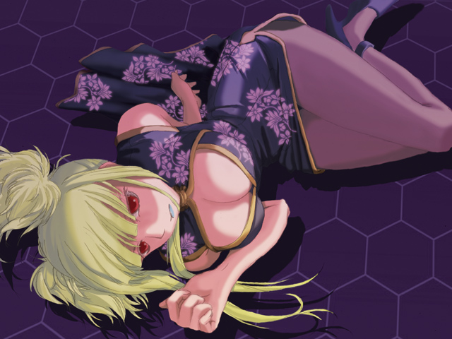 10s, 1girl, alternate_costume, amane_kk, aoki_hagane_no_arpeggio, blonde_hair, breasts, china_dress, chinese_clothes, cleavage, cleavage_cutout, clothing_cutout, dress, female_focus, kongou_(aoki_hagane_no_arpeggio), large_breasts, long_hair, lying, on_side, pantyhose, red_eyes, short_hair_with_long_locks, short_twintails, solo, twintails