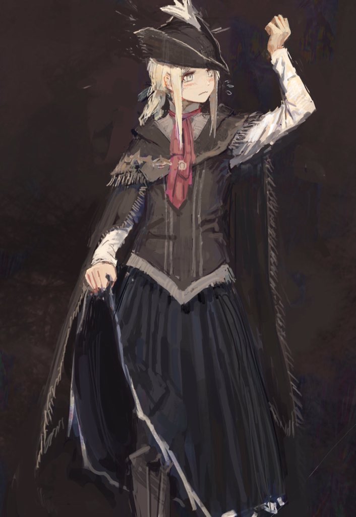 1girl, arm_up, ascot, blonde_hair, bloodborne, blush, bonnet, boots, brown_background, cloak, clothes_lift, cosplay, dress, female_focus, flying_sweatdrops, hat, lady_maria_of_the_astral_clocktower, long_skirt, plain_doll_(cosplay), shion_(mirudakemann), sidelocks, simple_background, skirt, skirt_lift, solo, spoilers, the_old_hunters, tricorne, wavy_mouth, yellow_eyes