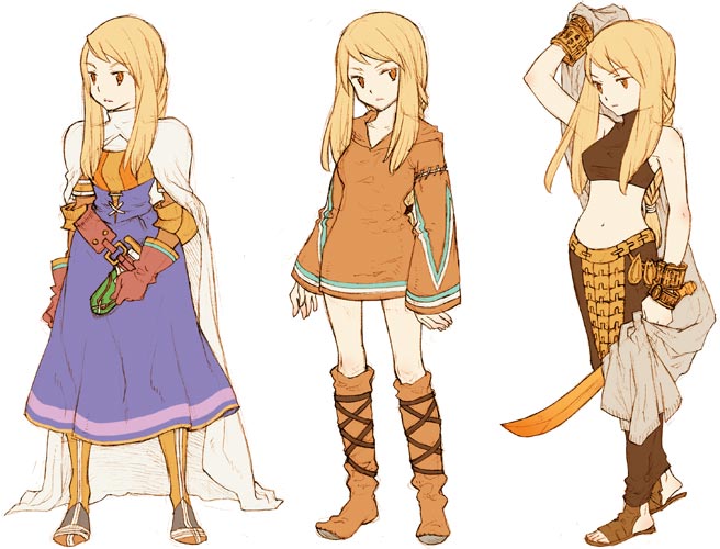 3girls, agrias_oaks, armor, armored_dress, blonde_hair, boots, braid, cape, dancer_(fft), dress, feet, final_fantasy, final_fantasy_tactics, geomancer_(fft), gloves, knight_(fft), long_hair, midriff, multiple_girls, ogretree, red_eyes, saikachi, saikachi_(ogre_tree), sandals, single_braid, sword, toes, weapon