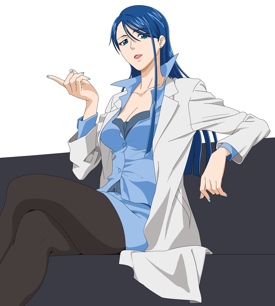 1girl, blue_hair, breasts, doctor, female_focus, j9mz23, lab_coat, crossed_legs