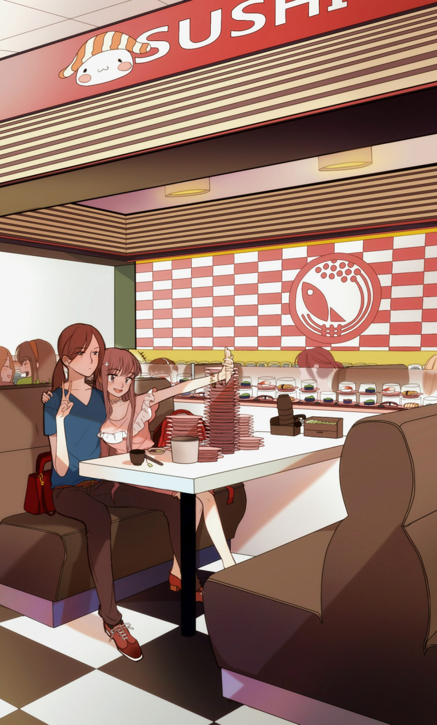 6+girls, bag, brown_hair, cellphone, chopsticks, cup, closed_eyes, flower