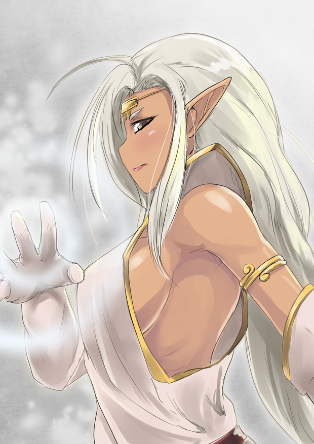 1girl, breasts, circlet, dark-skinned_female, dark_elf, dark_skin, elbow_gloves, elf, female_focus, gloves, large_breasts, looking_at_viewer, pirotess, platinum_blonde_hair, pointy_ears, record_of_lodoss_war, sideboob, sideways_glance, sleeveless, solo, upper_body, white_gloves, white_hair, wo_jianqiang_fu_guo