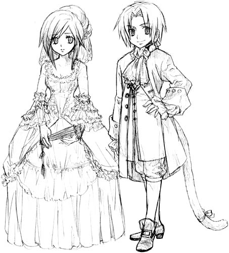 00s, 1boy, 1girl, couple, ascot, dress, hand_fan, final_fantasy