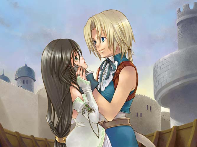 00s, 1boy, 1girl, black_hair, brown_eyes, castle, couple, detached_sleeves