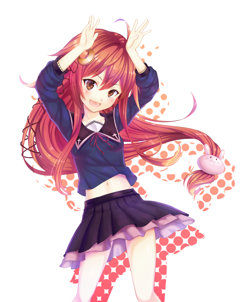 10s, 1girl, :d, ahoge, blue_shirt, crescent, crescent_hair_ornament, cross