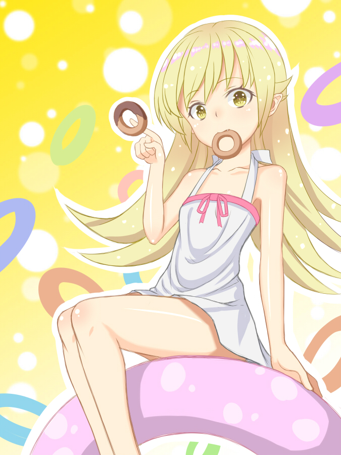 1girl, arm_support, bakemonogatari, bare_shoulders, biting, blonde_hair, collarbone, donut