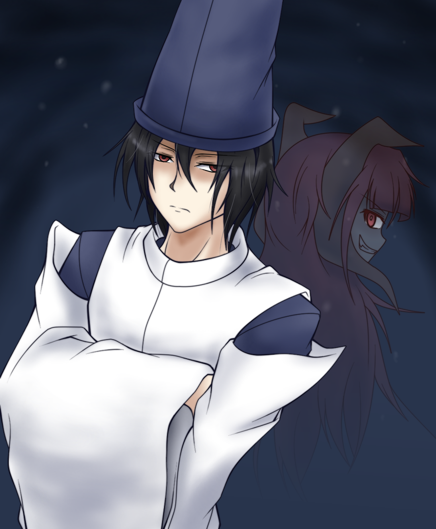 1boy, 1girl, black_hair, evil_grin, evil_smile, grin, hair_ornament, hat