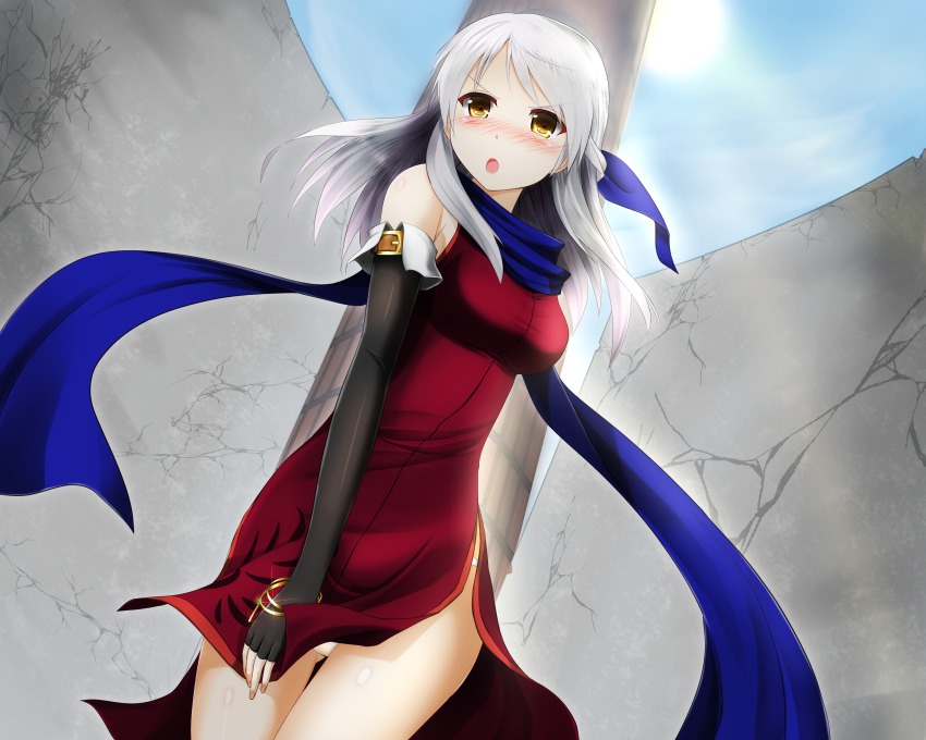 >:o, 1girl, :o, absurdres, annoyed, bangle, bare_shoulders, black_gloves