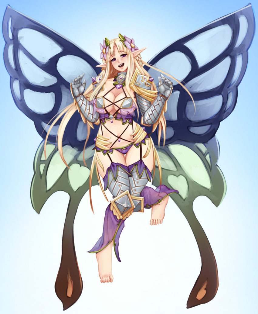 1girl, :d, armor, barbariank, barefoot, bikini_armor, blonde_hair, blue_background, blush, breasts, cleavage, fairy, female_focus, flower, full_body, gauntlets, gradient_background, hair_flower, hair_ornament, highres, large_breasts, long_hair, looking_at_viewer, monster_girl, monster_girl_encyclopedia, monster_girl_encyclopedia_ii, open_mouth, panties, pauldrons, pointy_ears, purple_eyes, purple_panties, shoulder_armor, smile, solo, titania_(monster_girl_encyclopedia), underwear, wings