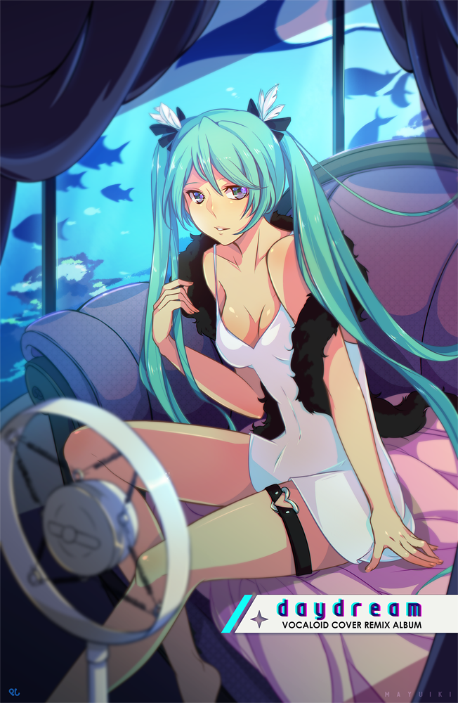 1girl, aquarium, bare_shoulders, barefoot, black_scarf, blue_hair, breasts, cleavage