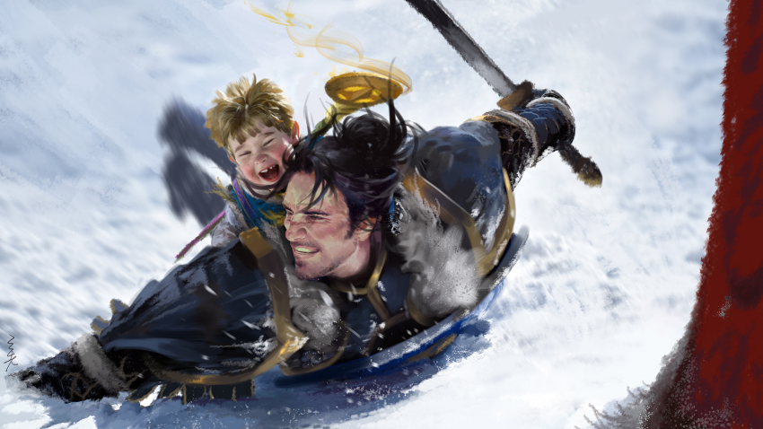 2boys, :d, aged_down, anduin_wrynn, armor, artist_name, black_hair, blonde_hair
