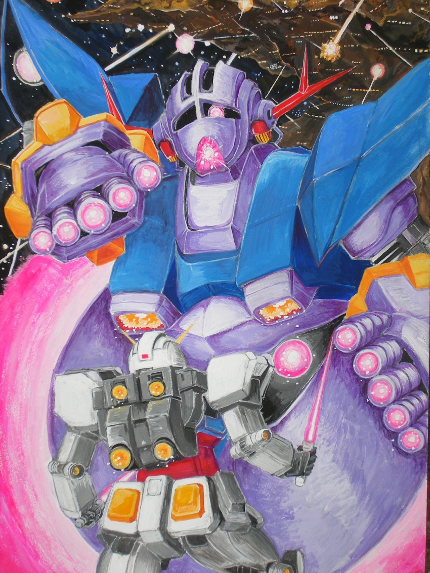 absurdres, anago-san, dual_wielding, energy_sword, explosion, gundam, highres, holding, mecha, mobile_suit_gundam, robot, rx-78-2_gundam, space, sword, weapon, zeong