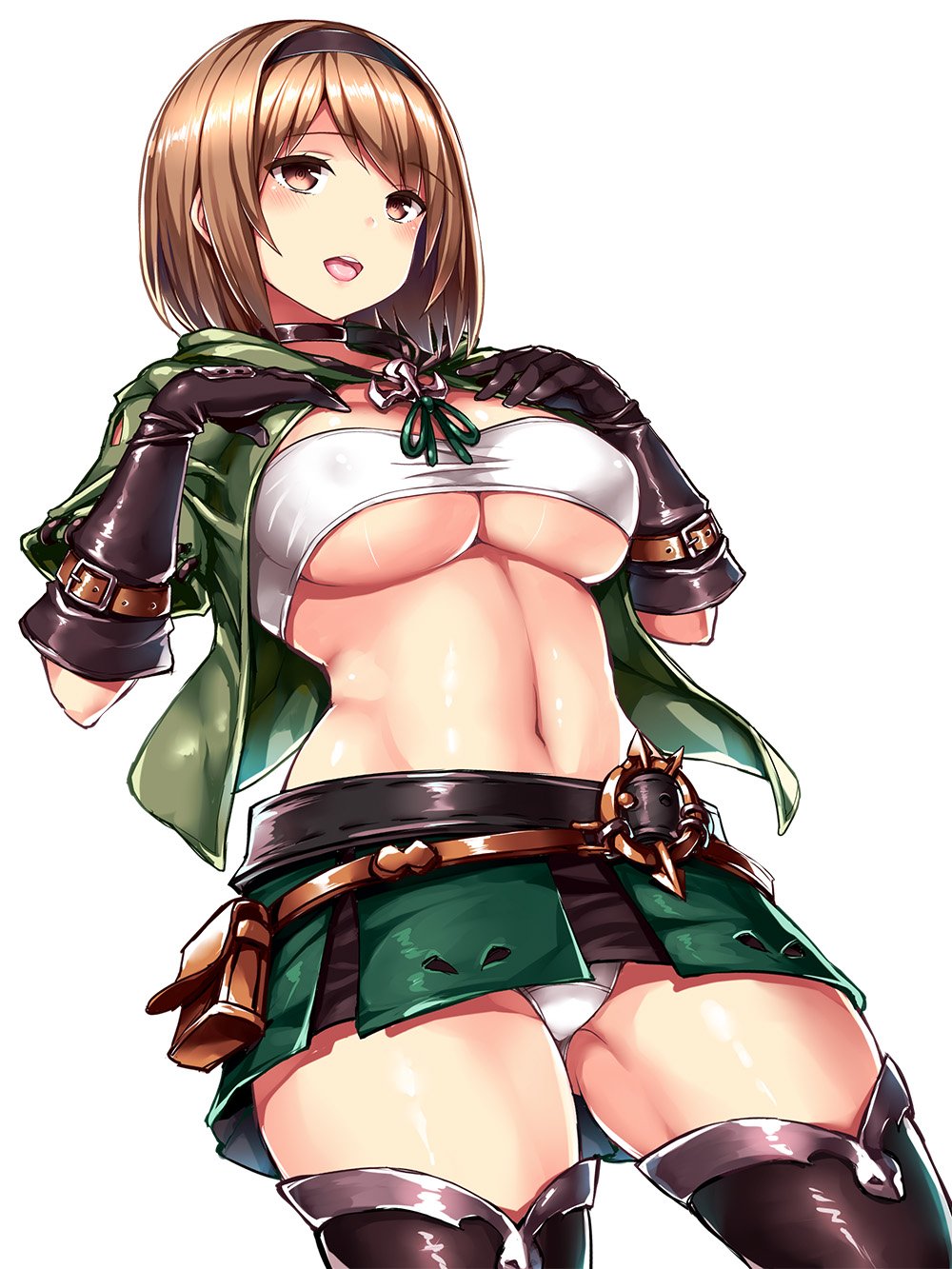 10s, 1girl, black_gloves, black_thighhighs, blush, bra, breasts, brown_eyes, brown_hair, choker, cowboy_shot, crotch_seam, djeeta_(granblue_fantasy), female_focus, gloves, gluteal_fold, granblue_fantasy, hairband, highres, large_breasts, navel, open_mouth, panties, pouch, simple_background, solo, strapless, strapless_bra, thief_(granblue_fantasy), thighhighs, tsukumiya_amane, underboob, underwear, white_background, white_bra, white_panties