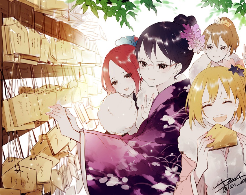 10s, 4girls, :d, ^_^, alternate_costume, alternate_hairstyle, black_eyes, black_hair