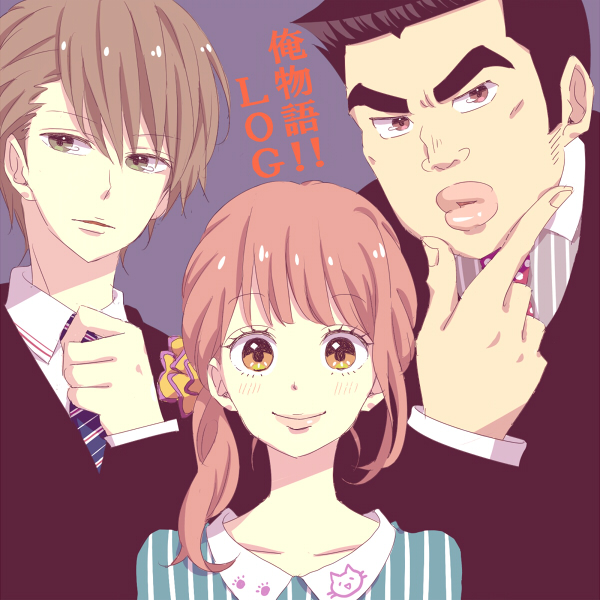 10s, 1girl, 2boys, black_hair, brown_eyes, brown_hair, cocchi, diagonal-striped_clothes, diagonal-striped_necktie, gouda_takeo, hand_on_own_chin, looking_at_viewer, multiple_boys, necktie, ore_monogatari!!, shirt, smile, striped_clothes, striped_necktie, striped_neckwear, striped_shirt, sunakawa_makoto, upper_body, yamato_rinko