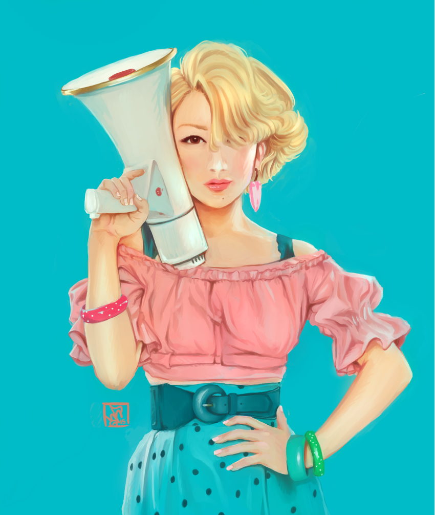 1girl, bangle, belt, blonde_hair, blue_background, bracelet, brown_eyes, earrings