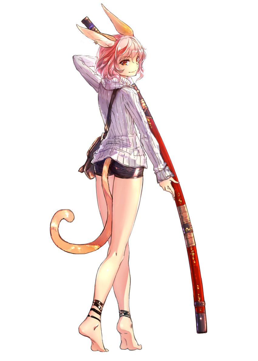 1girl, absurdres, animal_ears, anklet, barefoot, bike_shorts, earrings, female_focus