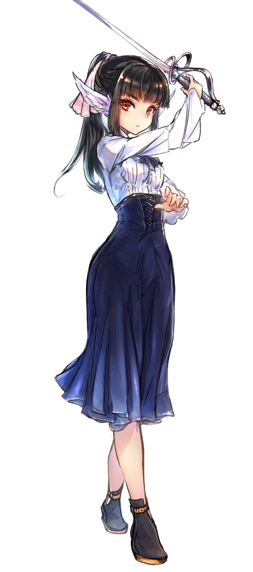 1girl, absurdres, animal_ears, black_hair, black_shoes, blue_skirt, female_focus, full_body