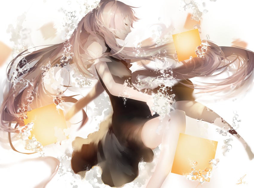 1girl, air_bubble, alternate_hair_color, bad_id, bad_pixiv_id, barefoot, black_dress, bubble, closed_eyes, closed_mouth, dress, female_focus, from_side, hatsune_miku, highres, lantern, long_hair, mairieux_(vocaloid), paper_lantern, pink_hair, puffy_short_sleeves, puffy_sleeves, saihate_(saihate_d3), short_sleeves, smile, solo, twintails, underwater, very_long_hair, vocaloid, white_background