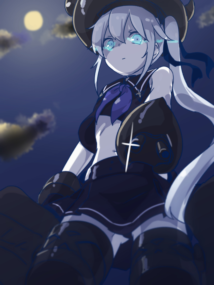 10s, 1girl, absurdres, abyssal_ship, aqua_eyes, bare_shoulders, cannon, choker