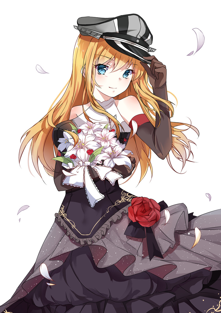 10s, 1girl, adjusting_clothes, adjusting_headwear, bare_shoulders, bismarck_(kancolle), black_dress, blonde_hair