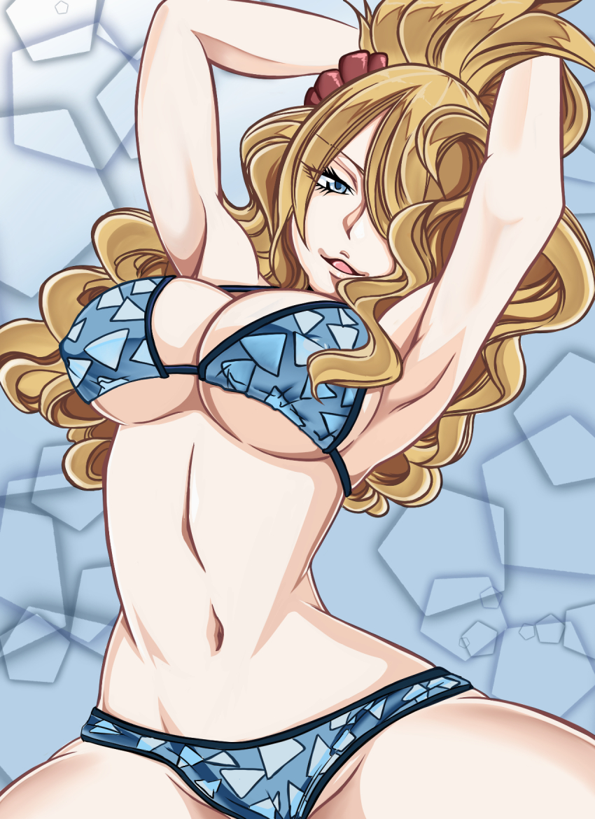 1girl, armpits, arms_up, bad_id, bad_pixiv_id, bikini, blonde_hair, blue_eyes, breasts, cleavage, cowboy_shot, fairy_tail, female_focus, hair_ornament, hair_over_one_eye, highres, jenny_realight, large_breasts, long_hair, looking_at_viewer, murabito_sono2, navel, solo, swimsuit, underboob, wavy_hair