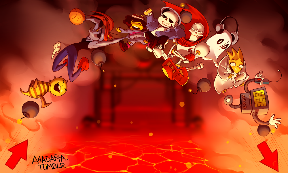 2girls, 4boys, alphys, anadapta, androgynous, arrow_(symbol), artist_name, ball, basketball, basketball_(object), black_hair, bomb, explosive, eyepatch, flying, food, frisk_(undertale), glasses, headphones, hood, hoodie, hot_dog, ice_cream, lava, machinery, mettaton, mettaton_(box), monster_girl, monster_kid_(undertale), multiple_boys, multiple_girls, mustard, napstablook, papyrus_(undertale), robot, sans_(undertale), scarf, skeleton, steam, switch, tank_top, unamused, undertale, undyne, utdr_(toby_fox)