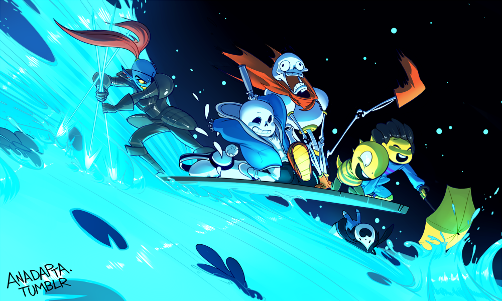 2girls, 3boys, anadapta, androgynous, armor, artist_name, black_hair, eyepatch, frisk_(undertale), headphones, hood, hoodie, lily_pad, monster_girl, monster_kid_(undertale), multiple_boys, multiple_girls, napstablook, paddling, papyrus_(undertale), polearm, red_hair, river, sans_(undertale), scarf, screaming, seaweed, skeleton, spear, surfing, tears, temmie, umbrella, undertale, undyne, utdr_(toby_fox), water_drop, weapon, wood