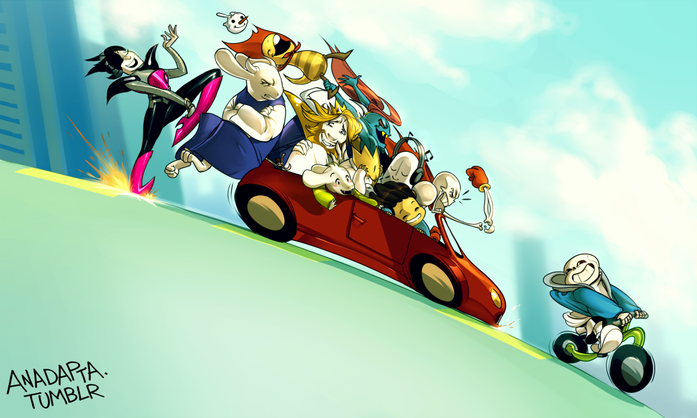 3girls, 5boys, alphys, alternate_universe, anadapta, androgynous, artist_name, asgore_dreemurr, asriel_dreemurr, beamed_quavers, black_hair, blonde_hair, cape, car, city, cloud, covering_head, frisk_(undertale), furry, glasses, good_end, grin, headphones, hood, hoodie, mettaton, mettaton_ex, monster_boy, monster_girl, monster_kid_(undertale), motor_vehicle, multiple_boys, multiple_girls, musical_note, napstablook, nervous_smile, papyrus_(undertale), quaver, riding, road, sans_(undertale), scowl, shouting, skeleton, smile, snowman, sparks, spoilers, street, toriel, tricycle, undertale, undyne, utdr_(toby_fox)