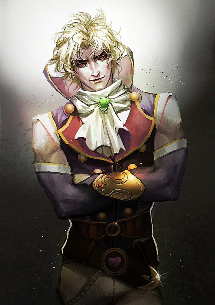 1boy, aruolrn, belt, blonde_hair, crossed_arms, detached_sleeves, dio_brando, gem, jojo_no_kimyou_na_bouken, male_focus, phantom_blood, phantom_blood_(movie), red_eyes, smile, solo, sparkle, wrist_cuffs