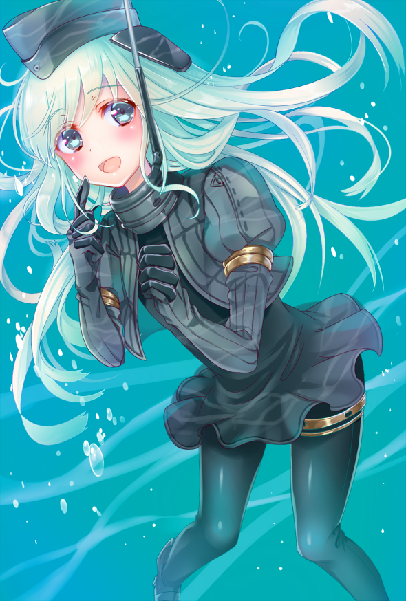 10s, 1girl, bad_id, bad_pixiv_id, blonde_hair, blue_eyes, female_focus, gloves, hat, kakaoken, kantai_collection, long_hair, open_mouth, smile, solo, u-511_(kancolle), underwater, uniform