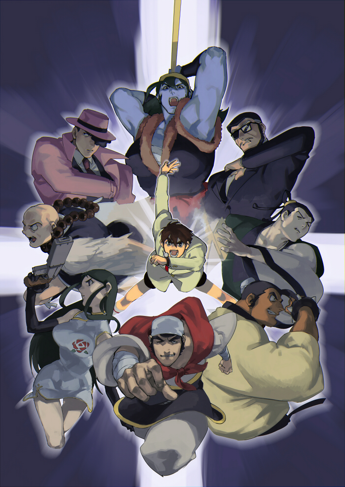 2girls, 6+boys, bald, bandana, black_hair, chinese_clothes, chuujo_the_silent, doujin_issei, elbow_gloves, facial_hair, gakujin_go, giant_robo, ginrei_(giant_robo), gloves, gun, hair_bun, hamu_fukurou, hanfu, hat, kusama_daisaku, long_coat, long_hair, multiple_boys, multiple_girls, murasame_kenji, muscular, muscular_female, short_hair, single_hair_bun, staff, sunglasses, taisou, tetsugyu, weapon, youshi_(giant_robo)