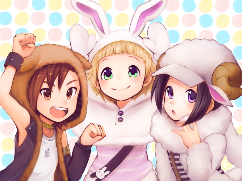 10s, 3boys, animal_hood, black_hair, blush, brown_eyes, brown_hair, dog_hood