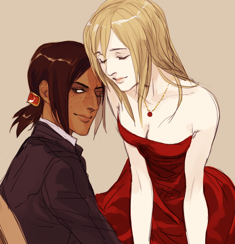 2girls, bare_shoulders, blonde_hair, breasts, krista_lenz, cleavage, dark_skin, dark-skinned_female