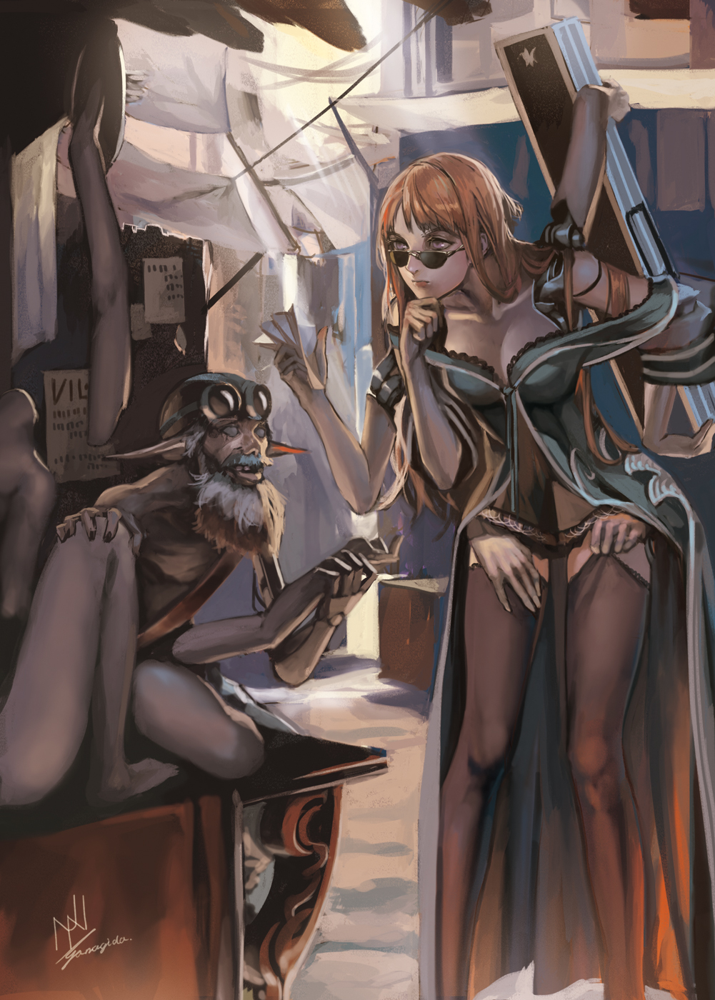 1boy, 1girl, adjusting_clothes, adjusting_legwear, android, bad_id, bad_pixiv_id, brown_hair