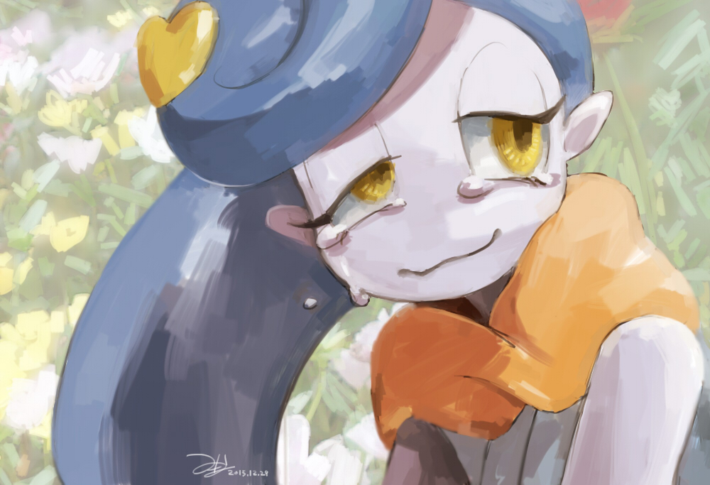 10s, 1boy, blue_hair, dated, flower, half-closed_eyes, long_hair, male_focus, mituna_(mituna2525), motenusu, scarf, signature, solo, tears, yellow_eyes, traditional_youkai, youkai_watch