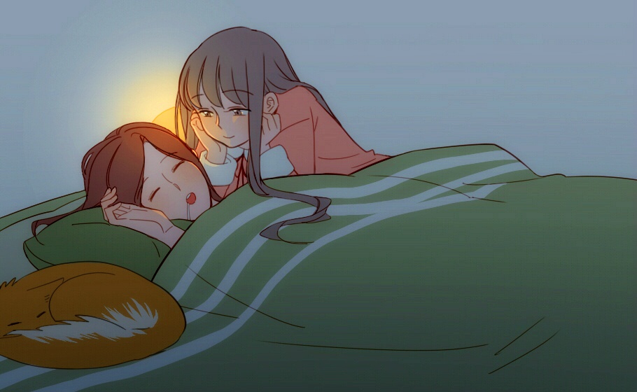 2girls, animal, blanket, brown_eyes, brown_hair, closed_eyes, glowing, looking_at_another