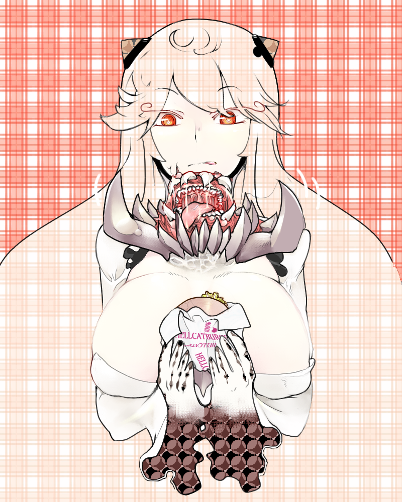 10s, 1girl, @_@, abyssal_ship, body_horror, breasts, burger, english_text