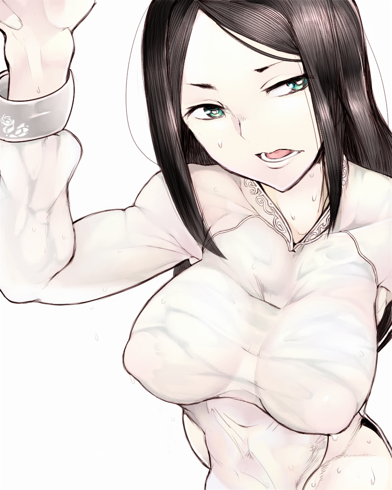10s, 1girl, abyssal_ship, alternate_costume, arm_up, black_hair, breasts, cleavage