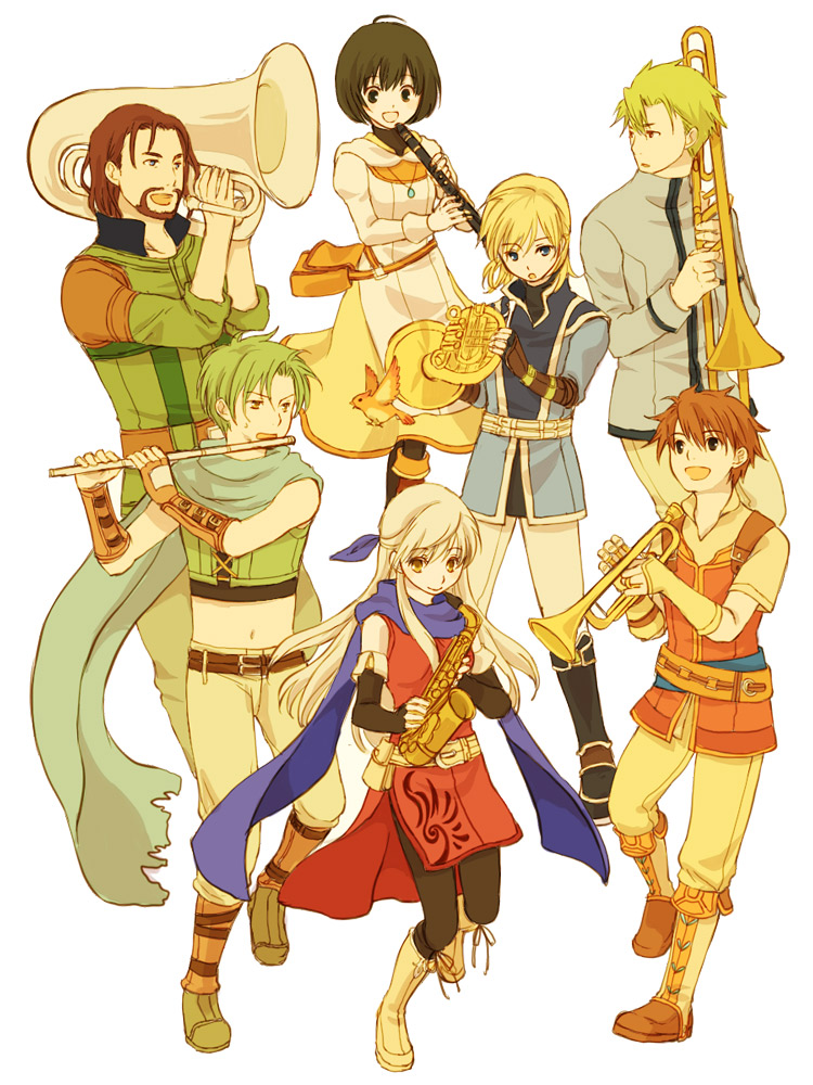 2girls, 5boys, :d, aran_(fire_emblem), bare_shoulders, beard, belt, bird