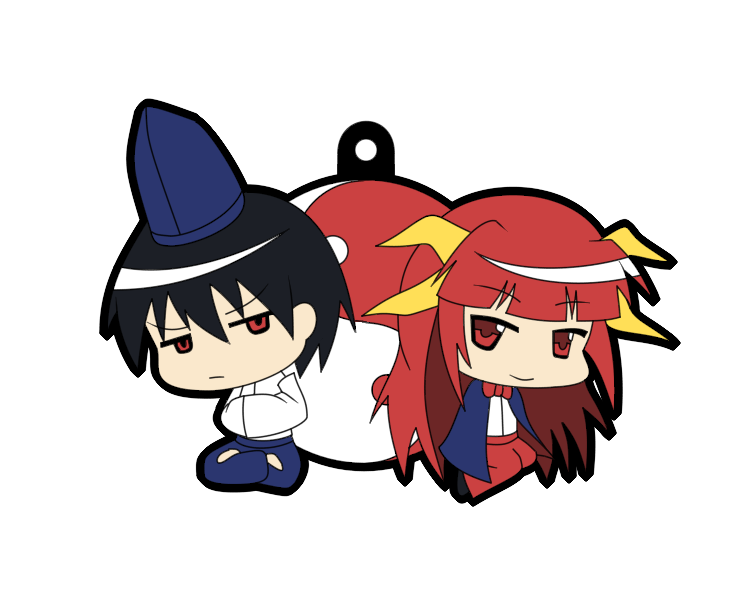1boy, 1girl, black_hair, chibi, dual_persona, hat, horns, red_eyes