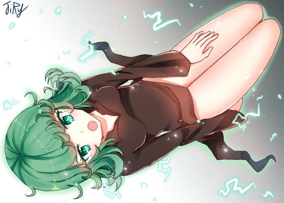 1girl, black_dress, bunnyjiry_(jirynyang), colored_eyelashes, curly_hair, dress, female_focus, green_eyes, green_hair, looking_at_viewer, matching_hair/eyes, one-punch_man, open_mouth, short_hair, solo, tatsumaki, upside-down